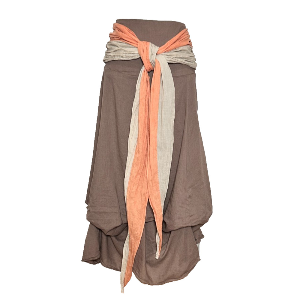 Cotton Gathered Smocked High Waisted Sash Tie Bubble Boho Midi Skirt Brown Small
